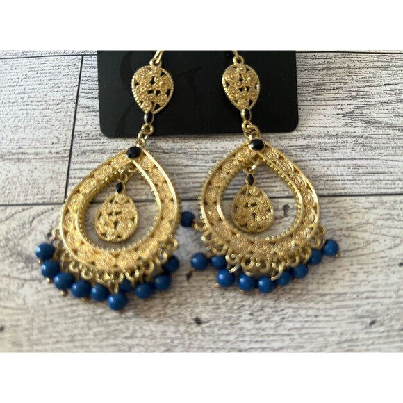 New York & Company Dangle Drop Earrings Gold Tone Blue Beads Fashion Jewelry - Picture 2 of 5
